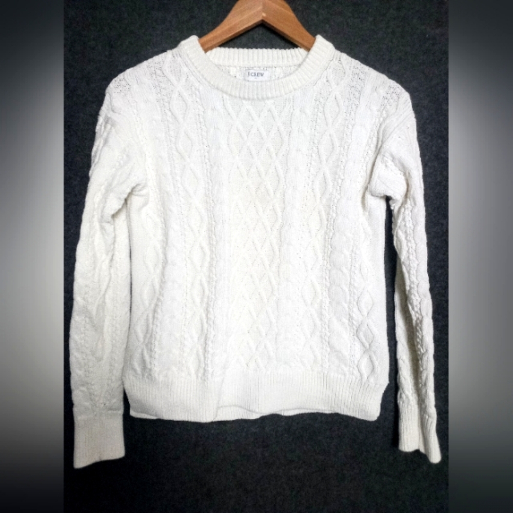 J. Crew White Cable Knit Crew Neck Sweater